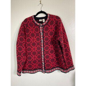 Vtg LL Bean Cardigan Sweater Red Black 100% Merino Lambs Wool Women XL Christmas